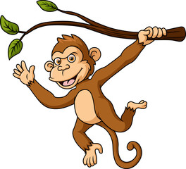 Cute little monkey cartoon hanging on tree branch © artnovielysa