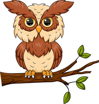 Cute owl cartoon on tree branch