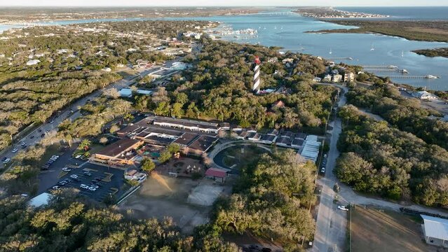 Aerial view of St Augustine Lighthouse during sunrise.
