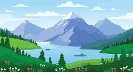  Mountain lake landscape vector illustration. Panorama of spring summer beautiful nature, meadow with flowers, forest, scenic blue lake and mountains on horizon background.  © free_illustration10