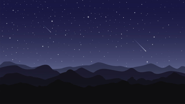Night sky with stars and mountains. Vector illustration