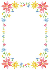 周囲を赤青黄色の水彩手描きの花飾りで囲んだ縦型フレーム
