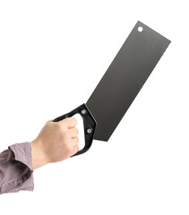 Man with handsaw on white background