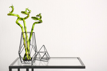 Vase with bamboo plant on table near white wall