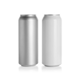 Aluminum cans with drinks on white background