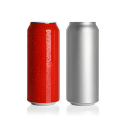 Aluminum cans with drinks on white background
