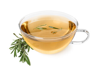 Cup of aromatic herbal tea and fresh rosemary isolated on white