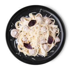 Delicious pasta with mushrooms on white background, top view