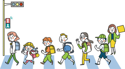 交通指導ボランティア見守りの元、元気に登下校する小学生たち　イラスト素材										
