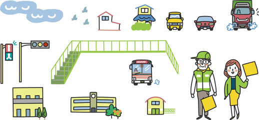通学路にある交通安全指導に使える　イラスト素材　セット	
