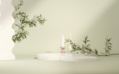 Stone product display podium with nature leaves, sun shadow on green background. Minimal pedestal for beauty, cosmetic product. feminine copy space template 3d render