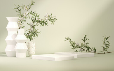 Stone product display podium with nature leaves, sun shadow on green background. Minimal pedestal for beauty, cosmetic product. feminine copy space template 3d render