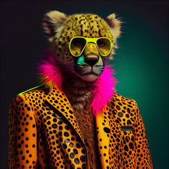 Realistic lifelike cheetah in fluorescent electric highlighters ultra-bright neon outfits, commercial, editorial advertisement, surreal surrealism. 80s Era comeback	