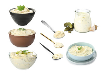 Collage with tartar sauce on white background