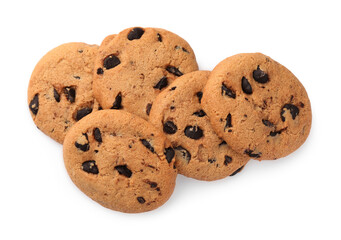 Delicious chocolate chip cookies isolated on white, top view