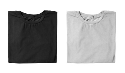 Stylish black and grey t-shirts on white background, top view