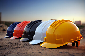 A row of hard hats sitting on top of a dirt field, Generative Ai