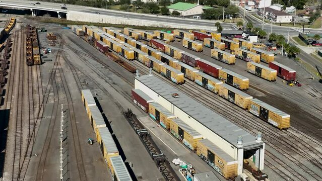 Aerial view of train tracks and containers in Jacksonville, Florida.