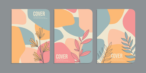 set of book cover designs with hand drawn floral decorations. abstract retro botanical background. size A4 For notebooks, invitation, diary, planners, brochures, books, catalogs