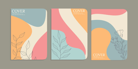 Fototapeta premium set of book cover templates with hand drawn floral decorations. beauty botanical abstract background. size A4 For notebooks, school books, diaries, planners, brochures, books, catalogs