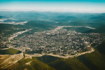 Fototapeta premium aerial view of big city building on top of mountain , generative art by A.I