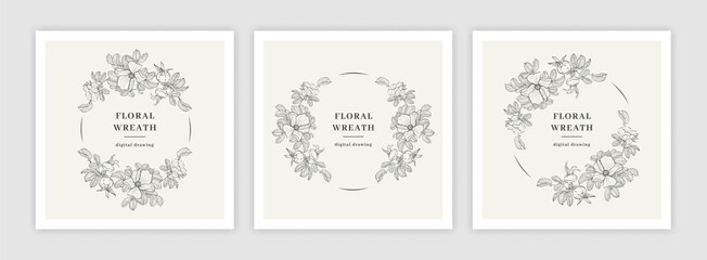 Rosehip Floral Wreaths Set, Hand-drawn floral frames, Circle monograms. Elegant frame for invitation, wedding decor or birthday cards. Vector illustration