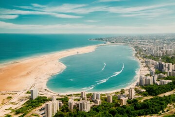 aerial view of big city building with beach and sea , generative art by A.I