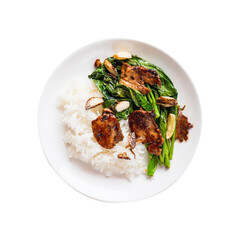 Asian stir fried Chinese kale with pork and soy sauce eating with cooked rice