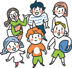 空を見上げる元気な小学生たち　イラスト素材	
