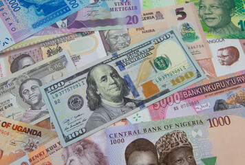 A collection of African currencies with a 100 American dollar bank note sitting on top