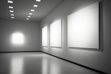 white light giant art gallery with blank canvases, Generative AI	