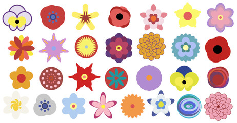 Collection of Floral Seventies Elements. Big Set in Retro 1970 Peace Style. Groovy Flowers. Hand Drawn Vector Illustration. Trendy 70s. Designed for fabric, textile, printing