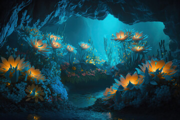 Fototapeta na wymiar beautiful magic cave with illuminated flowers with a transparent blue lake.