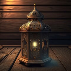 ramadan lantern light with burning candle on wooden table background, Generative AI