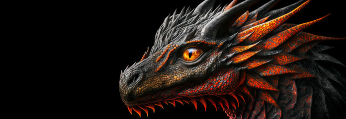  Dragon head and eye close up, Head shot of a orange and grey fantasy dragon with fiery orange eye on black background. Image created with generative ai. - obrazy, fototapety, plakaty