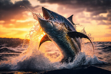 beautiful image of a huge fish jumping in the ocean, beautiful background. - obrazy, fototapety, plakaty