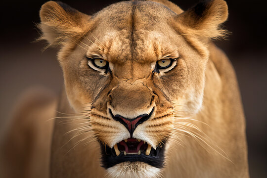 Super close-up portrait of a lion looking at the camera, only the face appears.