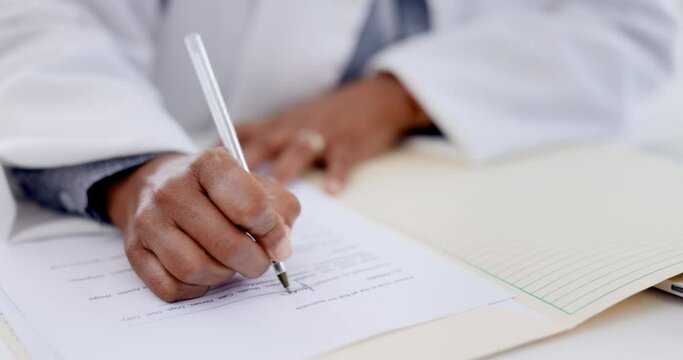 Closeup, hands and woman writing, healthcare and report to update chart, information or feedback. Zoom, doctor or pen for notes, folder or data analysis for progress, documents or paperwork in clinic