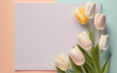 white paper on pastel color background with tulips on the side, Generative AI
