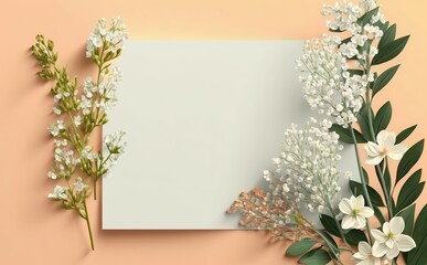 white paper on pastel color background with flowers on the side, Generative AI