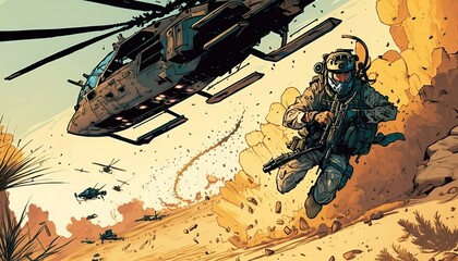 A determined helicopter pilot, with a cool and collected demeanor, skillfully maneuvering his aircraft in the middle of a desert battlefield