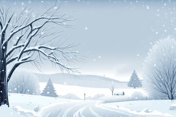 Snowy Trees in Winter Landscape Scene: Foreground Branches, Background Hills/Mountains, Overcast Sky, Snowing. Photo generative AI