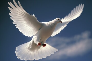 Fototapeta na wymiar A white dove, a universal symbol of peace and love, glides over the sky like an angel. Generative AI