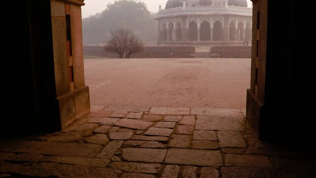 nila gumbad of humayun tomb exterior view at misty morning from unique perspective