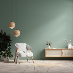Interior mockup green wall with gray armchair and decor in living room.