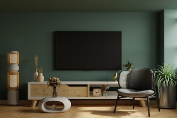Wall mounted tv and cabinet with gray armchair in modern living room the dark green wall.