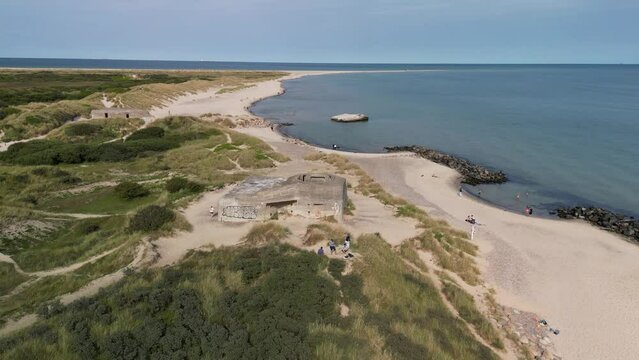 Aerial Pan of Nazi WWII Bunker on Beach, Grenen, Skagen, Denmark