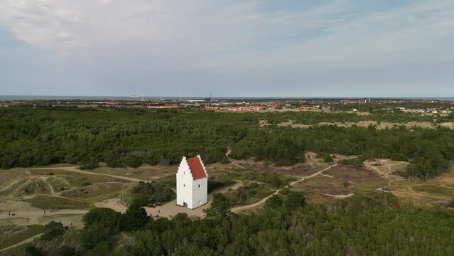 Aerial Orbit of Den Tilsandede Church, Skagen, Denmark