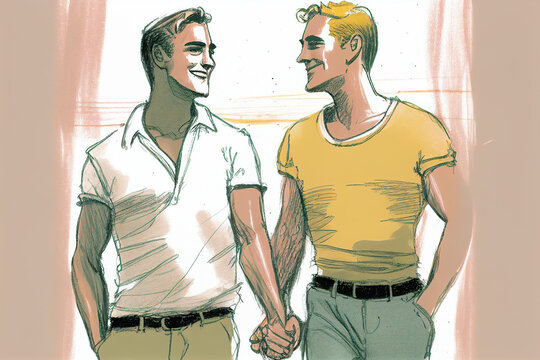 colorful illustration of happy smiling gay couple holding hands, pride & proud, lgbt, generative AI