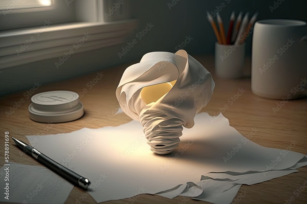 Poster wonderful concept design with a paper towel and a light bulb on a desk. generative ai
